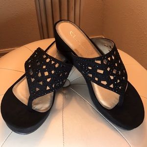 Naomi Super Suede Black slip on sandal. Stunning with Rhinestone embellishments.